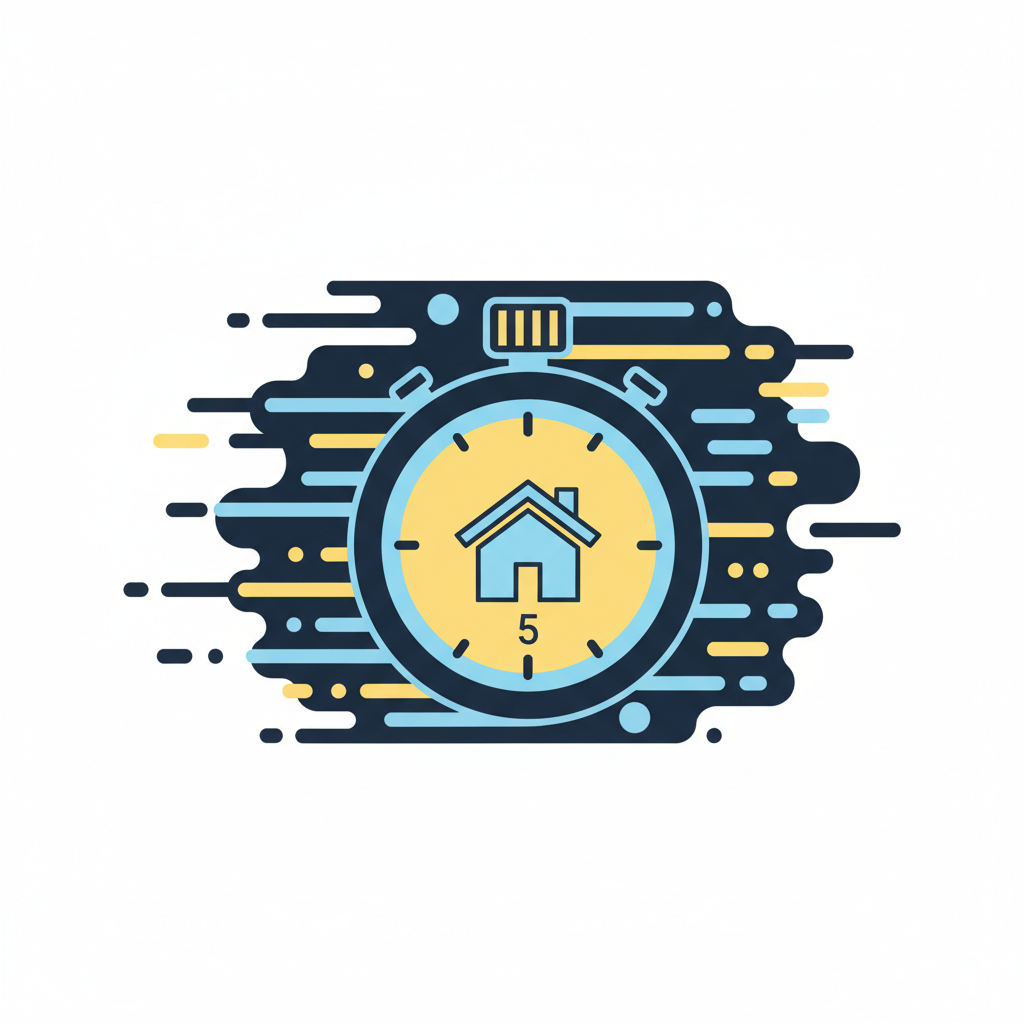 Cron&ocirc;metro de 5 minutos com casa simbolizando velocidade de resposta a leads de imobili&aacute;ria