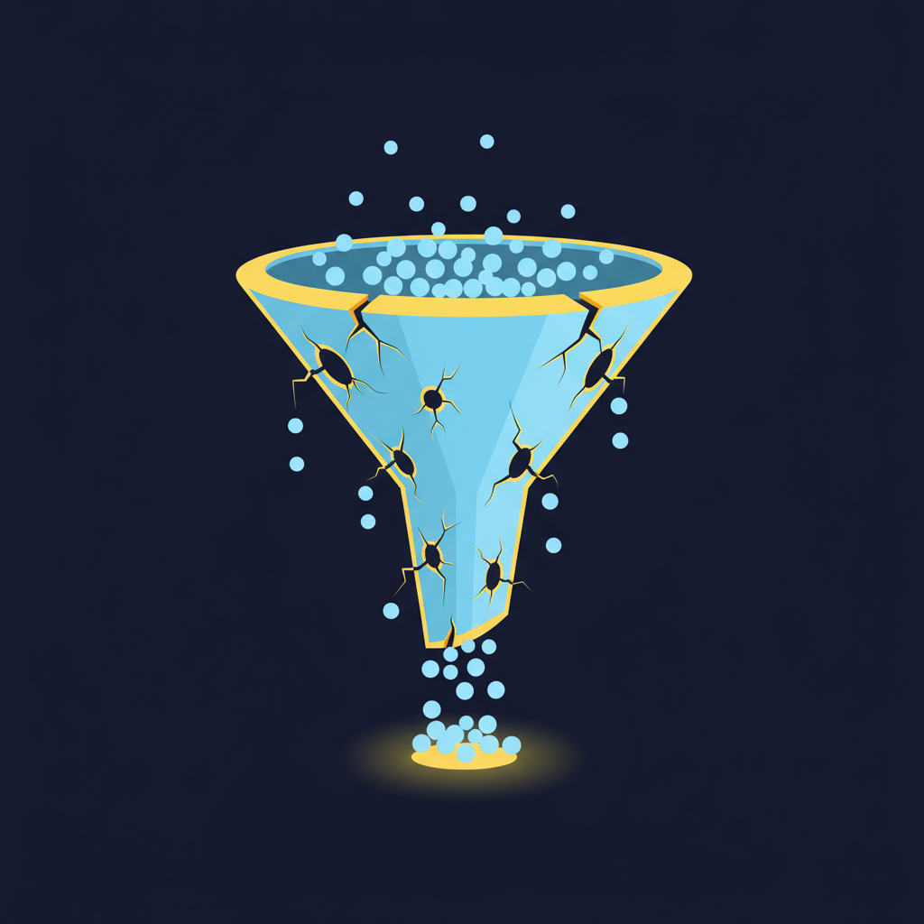 Funil de vendas com leads escapando por buracos - ilustração conceitual