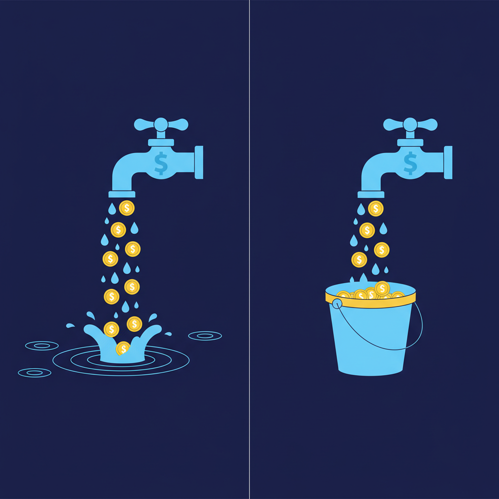Metáfora visual de tráfego pago sem processo - torneira sem balde
